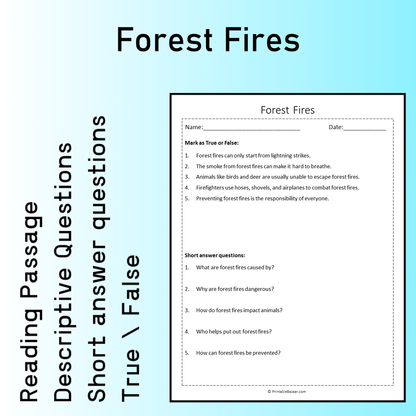 Forest Fires | Reading Comprehension Passage Printable Worksheet