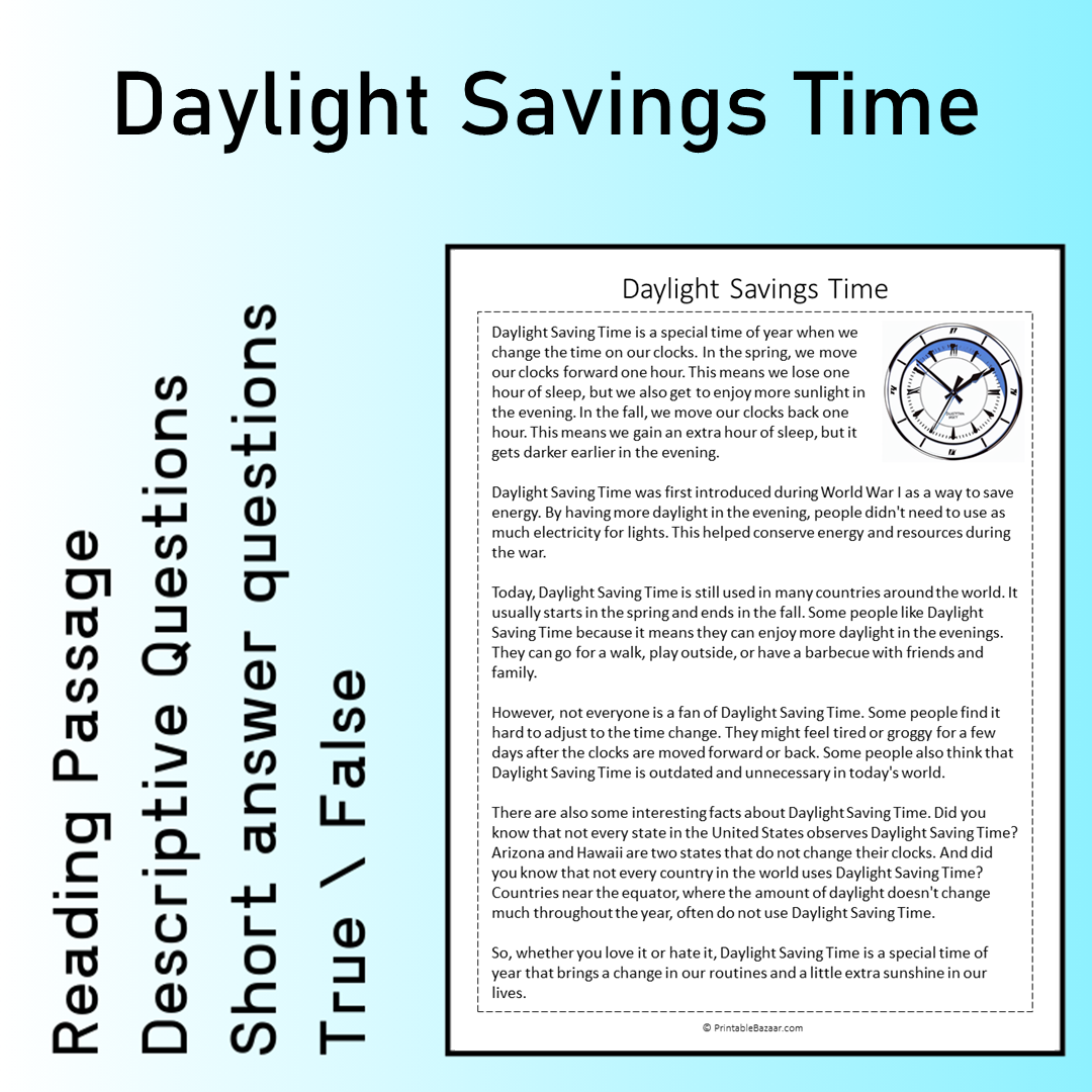Daylight Savings Time | Reading Comprehension Passage Printable Worksheet