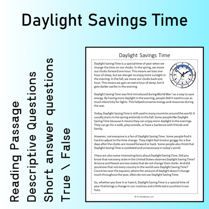 Daylight Savings Time | Reading Comprehension Passage Printable Worksheet