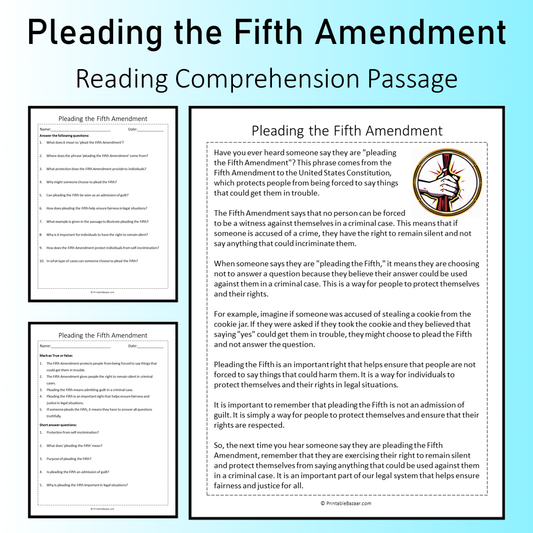 Pleading the Fifth Amendment | Reading Comprehension Passage Printable Worksheet