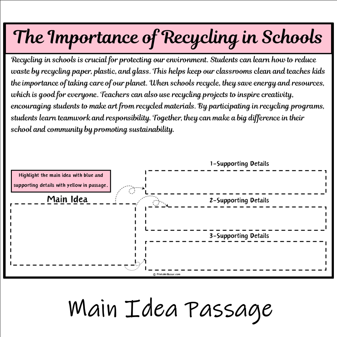 The Importance of Recycling in Schools | Main Idea and Supporting Details Reading Passage and Questions