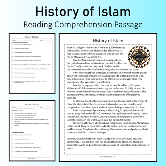 History of Islam | Reading Comprehension Passage Printable Worksheet