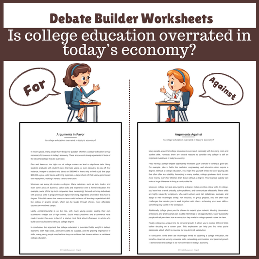 Is college education overrated in today’s economy? | Favour and Against Worksheet Printable Activity