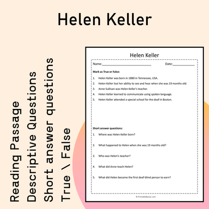 Helen Keller | Reading Comprehension Passage Printable Activity