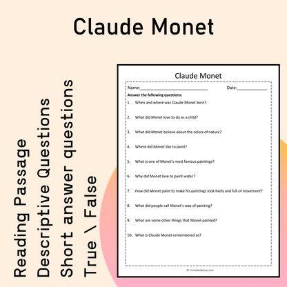 Claude Monet | Reading Comprehension Passage Printable Activity