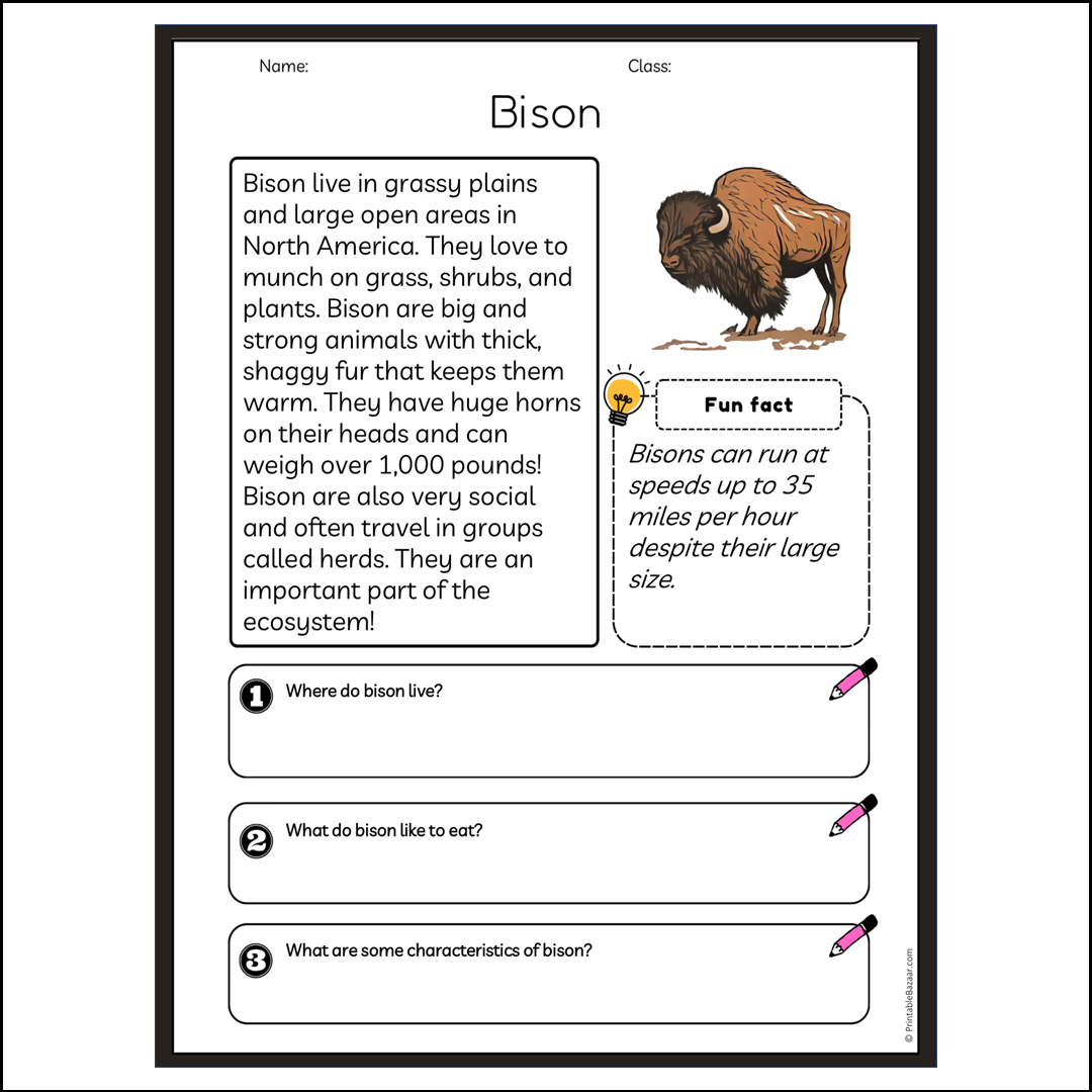 Bison | Reading Passage Comprehension Questions Writing Facts Worksheet