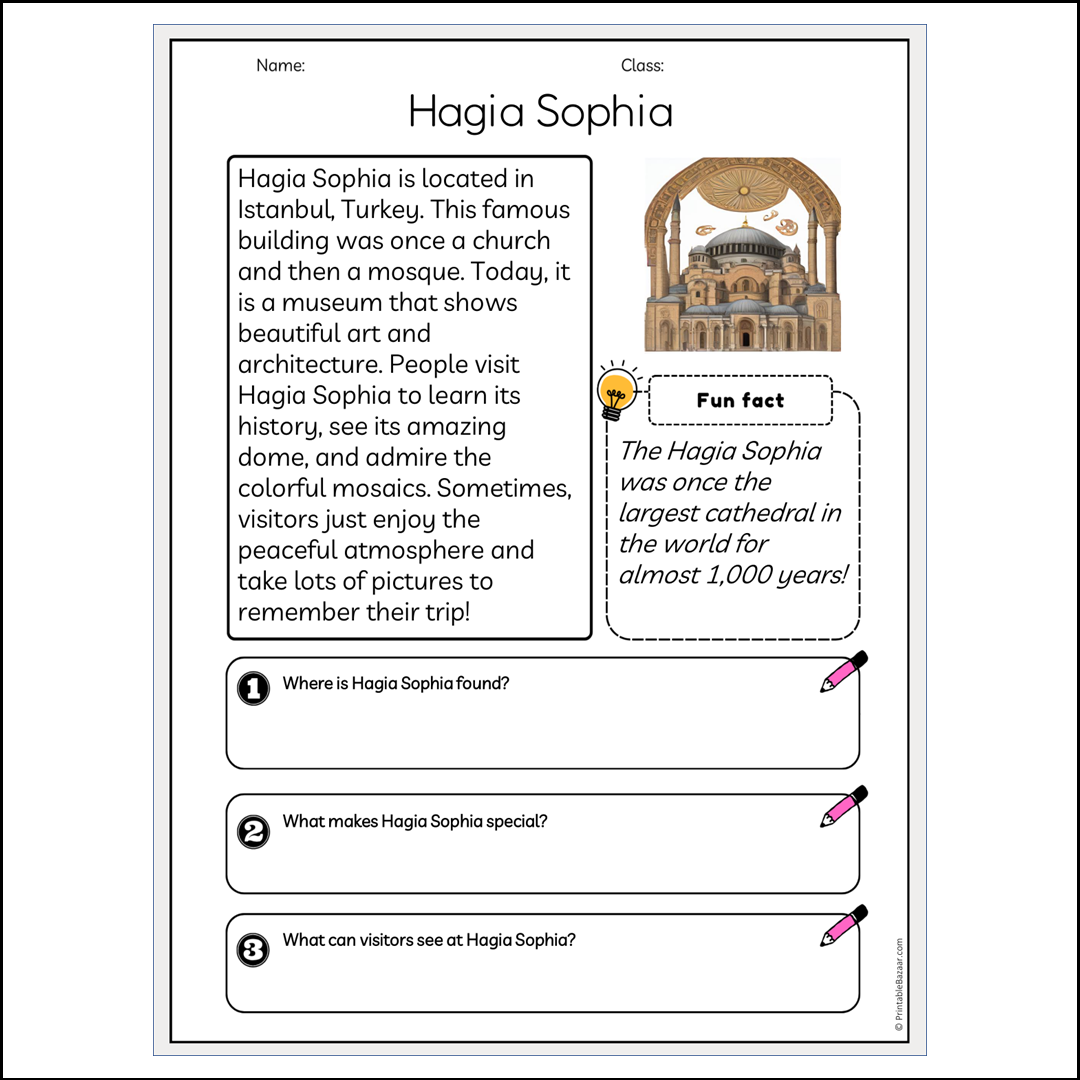 Hagia Sophia | Reading Passage Comprehension Questions Writing Facts Worksheet