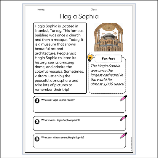 Hagia Sophia | Reading Passage Comprehension Questions Writing Facts Worksheet