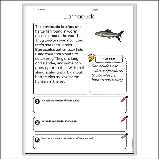 Barracuda | Reading Passage Comprehension Questions Writing Facts Worksheet