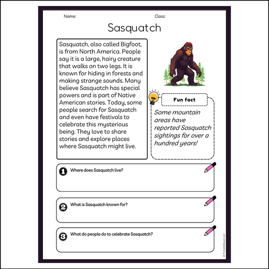 Sasquatch | Reading Passage Comprehension Questions Writing Facts Worksheet