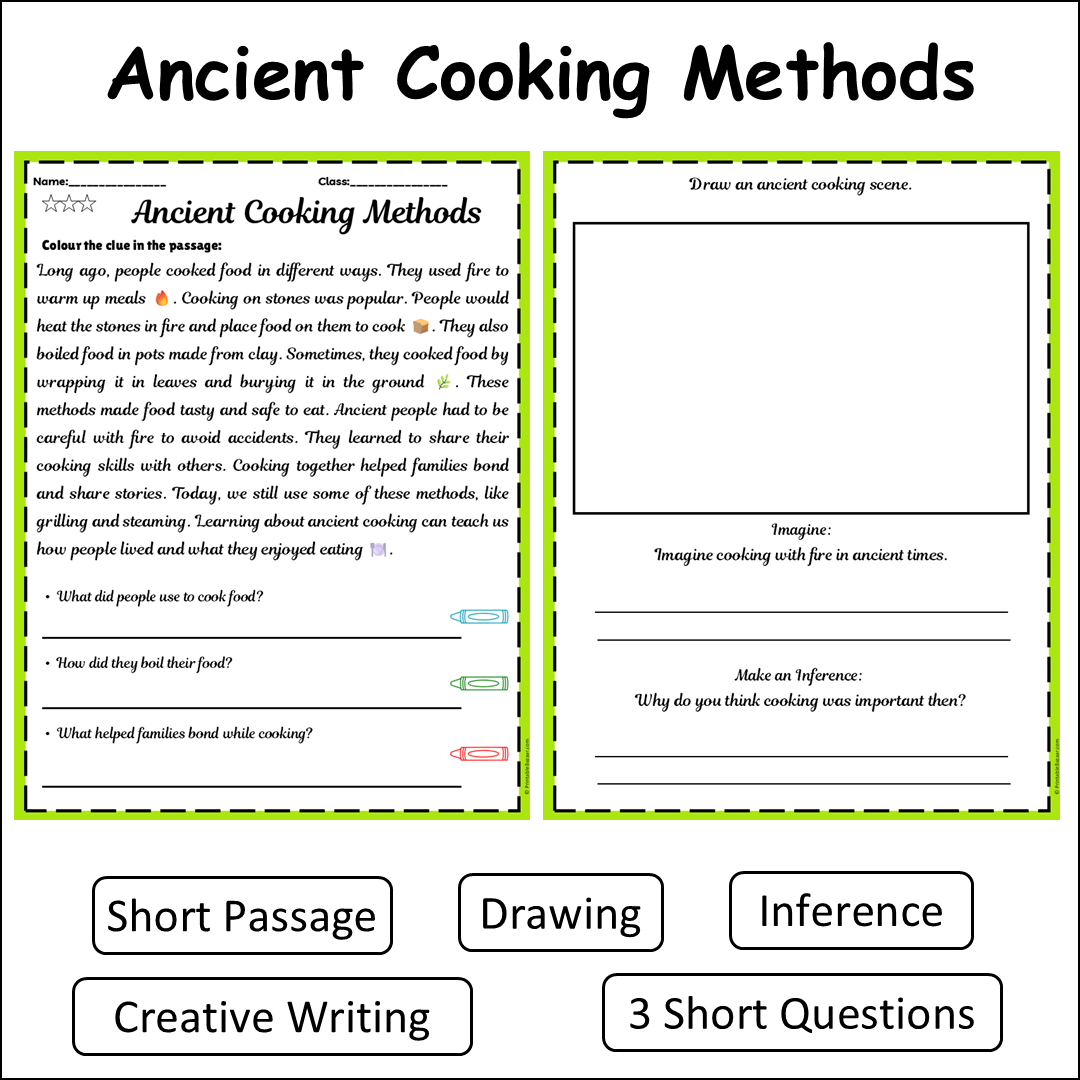 Ancient Cooking Methods | Short Reading Comprehension Creative Worksheet