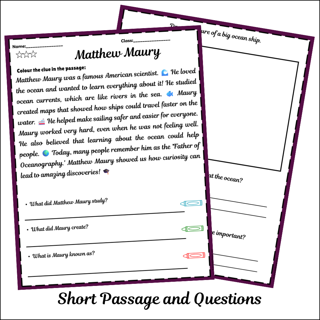 Matthew Maury | Short Reading Comprehension Creative Worksheet