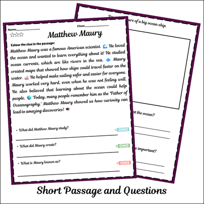 Matthew Maury | Short Reading Comprehension Creative Worksheet