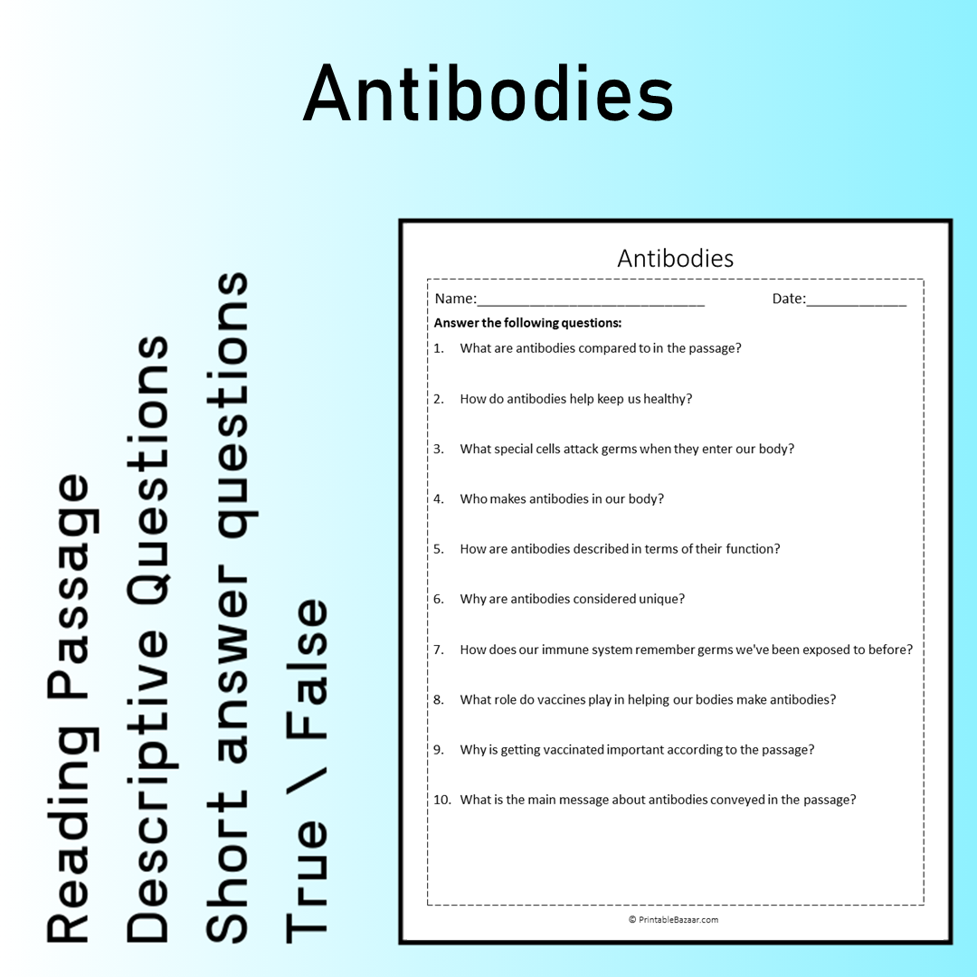 Antibodies | Reading Comprehension Passage Printable Worksheet