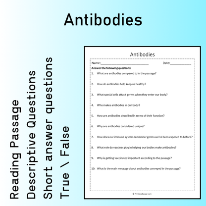 Antibodies | Reading Comprehension Passage Printable Worksheet