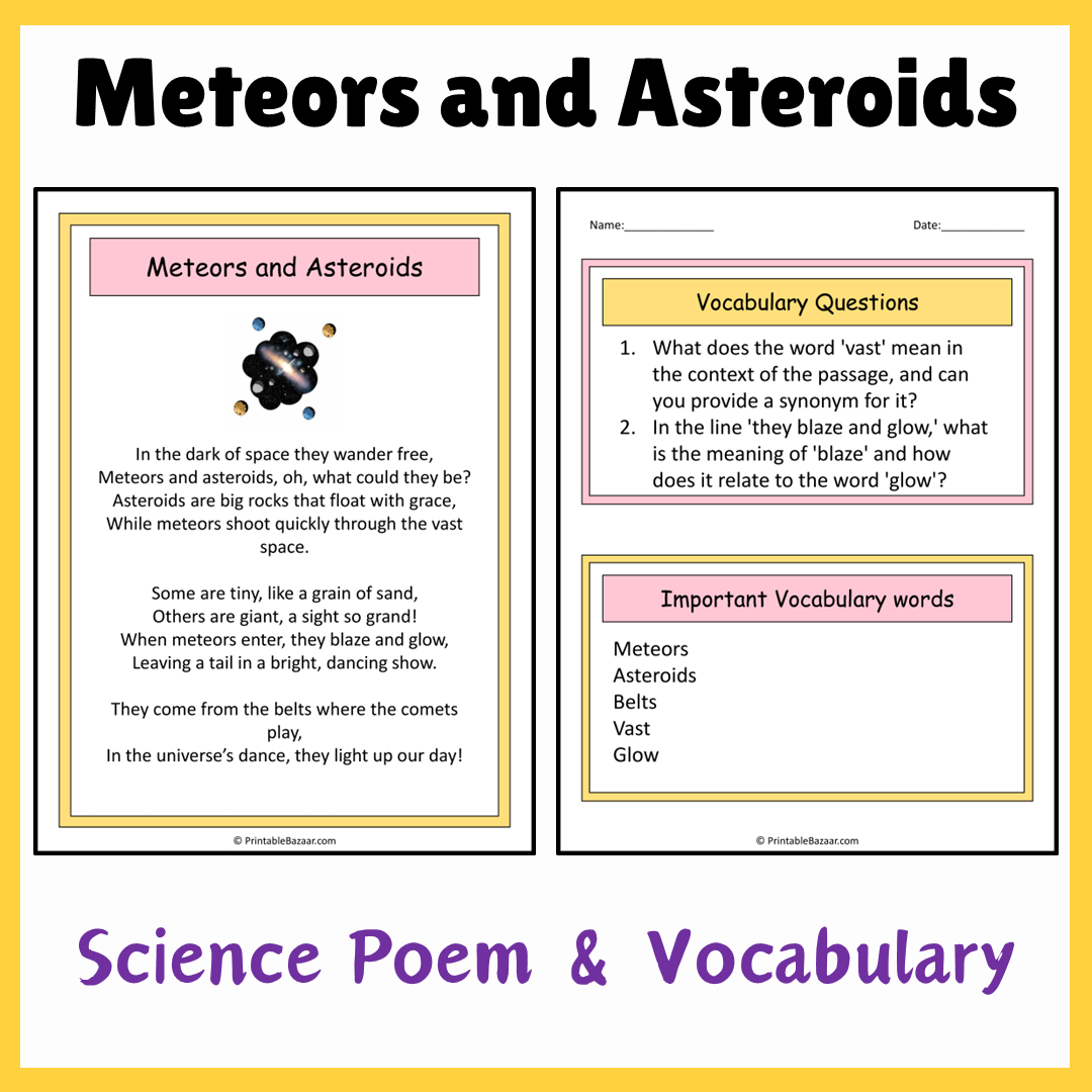 Meteors and Asteroids | Science Poem Reading Comprehension Activity