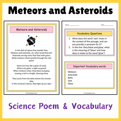 Meteors and Asteroids | Science Poem Reading Comprehension Activity