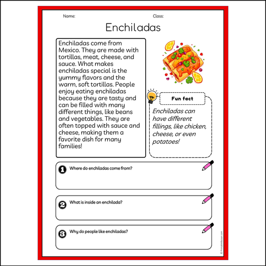 Enchiladas | Reading Passage Comprehension Questions Writing Facts Worksheet