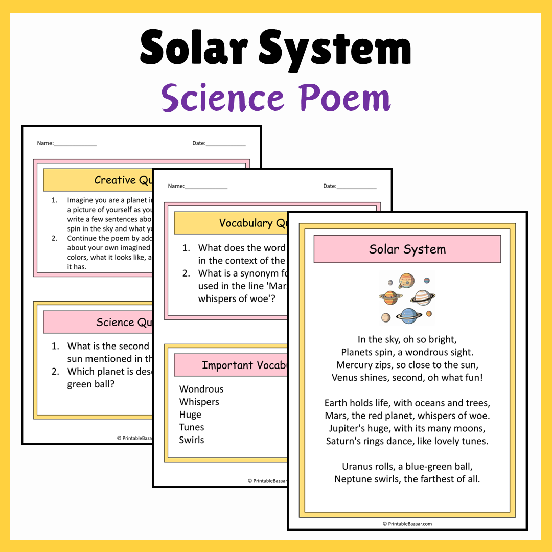 Solar System | Science Poem Reading Comprehension Activity