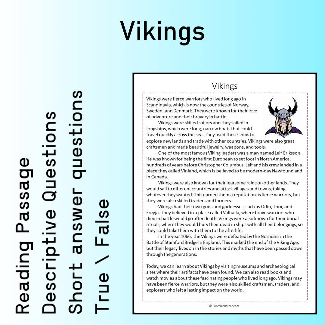 Vikings | Reading Comprehension Passage Printable Worksheet