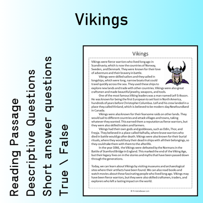 Vikings | Reading Comprehension Passage Printable Worksheet