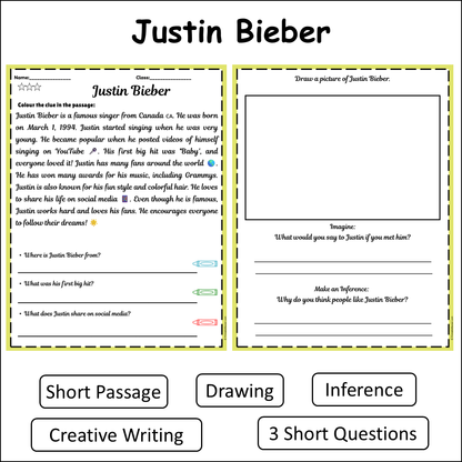 Justin Bieber | Short Reading Comprehension Creative Worksheet
