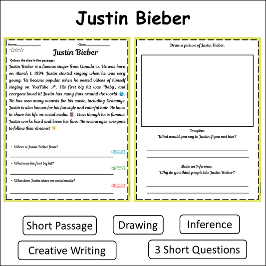 Justin Bieber | Short Reading Comprehension Creative Worksheet
