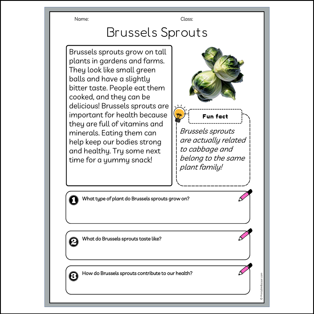 Brussels Sprouts | Reading Passage Comprehension Questions Writing Facts Worksheet