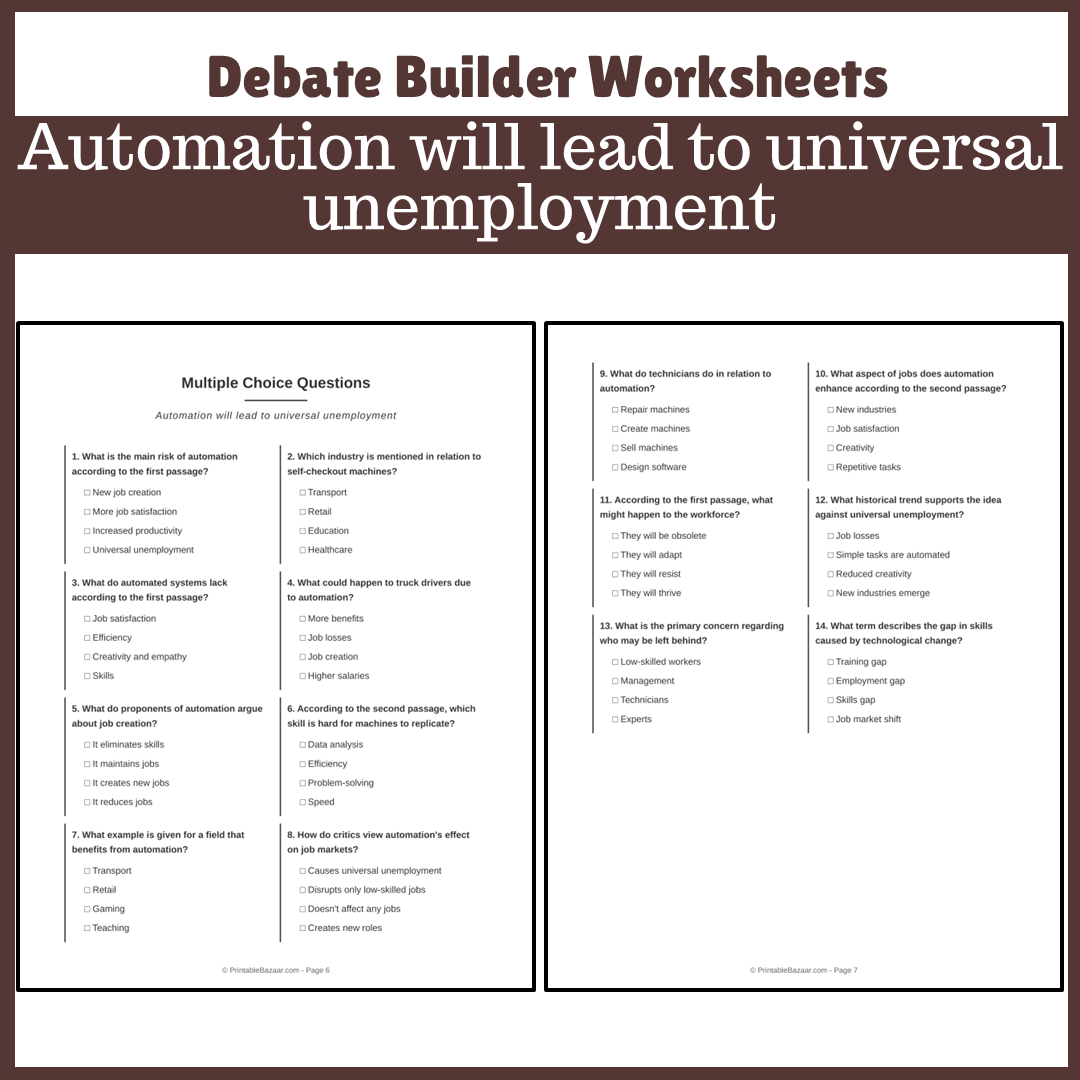 Automation will lead to universal unemployment | Favour and Against Worksheet Printable Activity