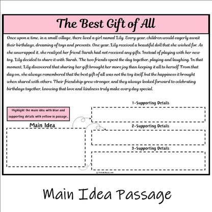 The Best Gift of All | Main Idea and Supporting Details Reading Passage and Questions