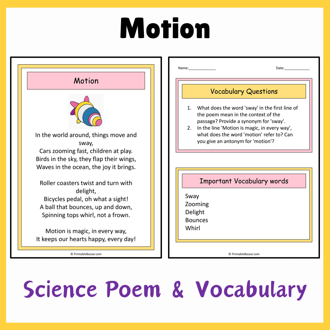 Motion | Science Poem Reading Comprehension Activity