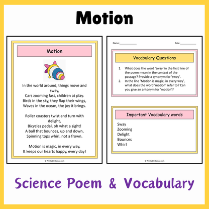 Motion | Science Poem Reading Comprehension Activity