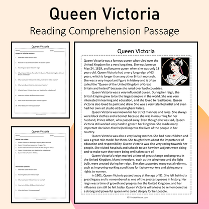 Queen Victoria | Reading Comprehension Passage Printable Activity