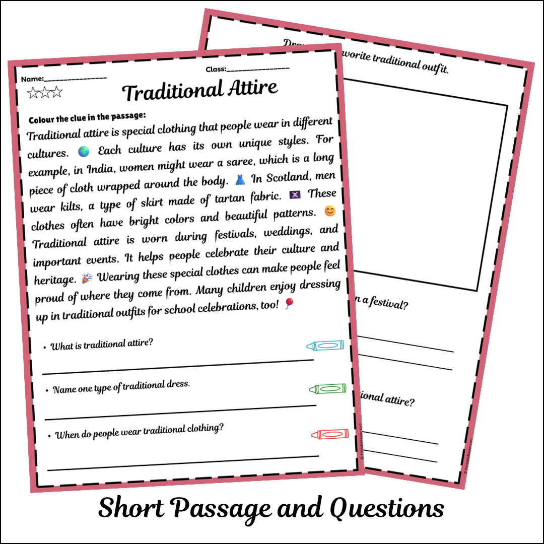 Traditional Attire | Short Reading Comprehension Creative Worksheet