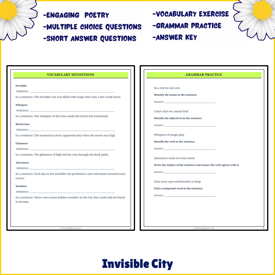 Invisible City | Poem Grammar Worksheet Printable Activity