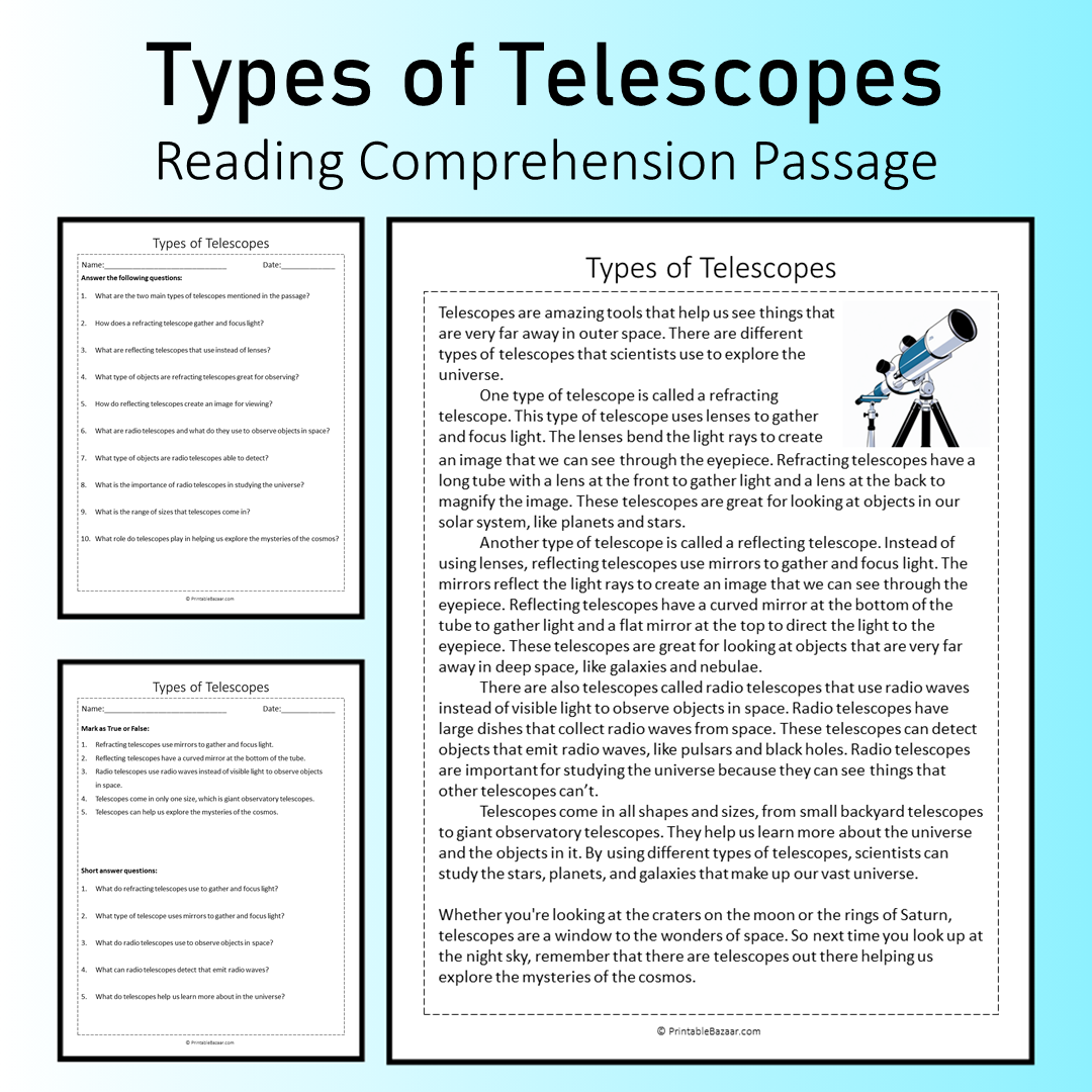 Types of Telescopes | Reading Comprehension Passage Printable Worksheet