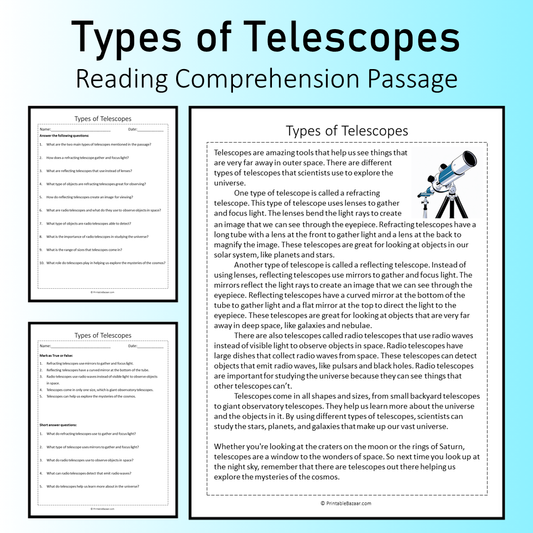 Types of Telescopes | Reading Comprehension Passage Printable Worksheet