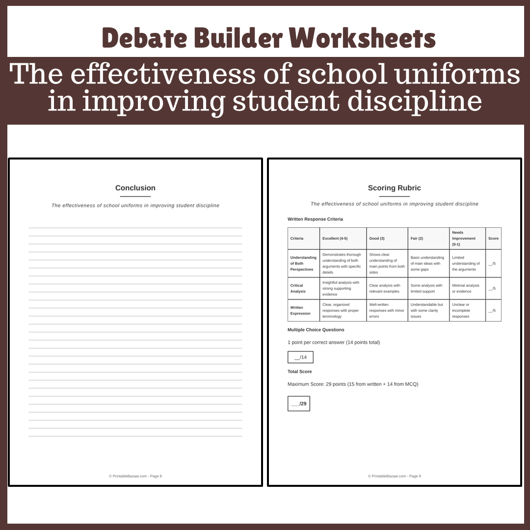 The effectiveness of school uniforms in improving student discipline | Favour and Against Worksheet Printable Activity