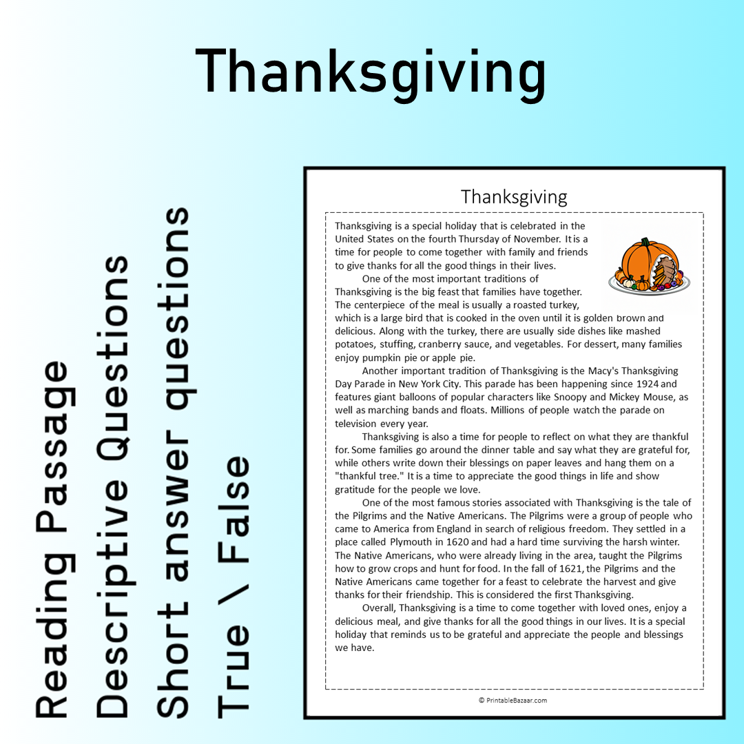 Thanksgiving | Reading Comprehension Passage Printable Worksheet