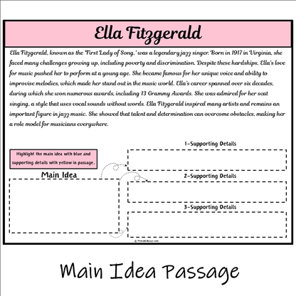 Ella Fitzgerald | Main Idea and Supporting Details Reading Passage and Questions