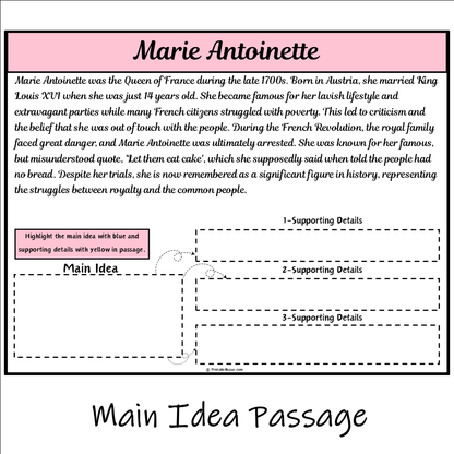 Marie Antoinette | Main Idea and Supporting Details Reading Passage and Questions