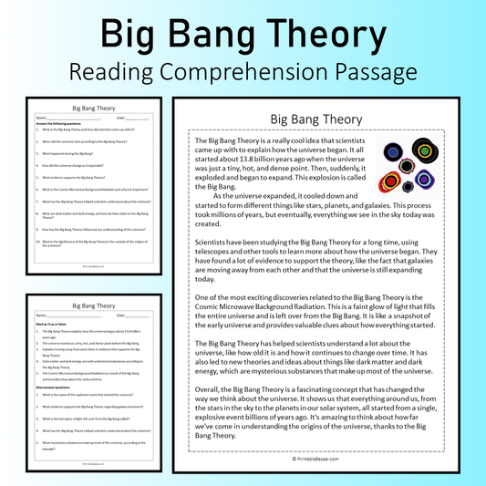 Big Bang Theory | Reading Comprehension Passage Printable Worksheet