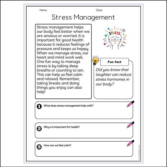 Stress Management | Reading Passage Comprehension Questions Writing Facts Worksheet