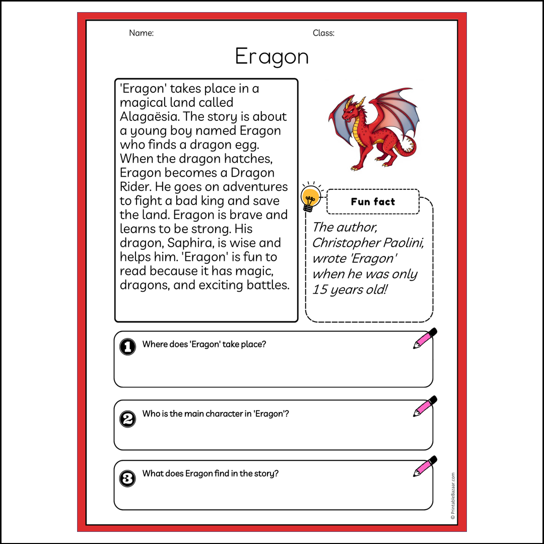 Eragon | Reading Passage Comprehension Questions Writing Facts Worksheet