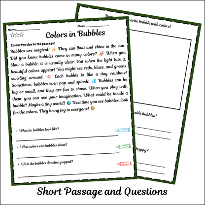 Colors in Bubbles | Short Reading Comprehension Creative Worksheet