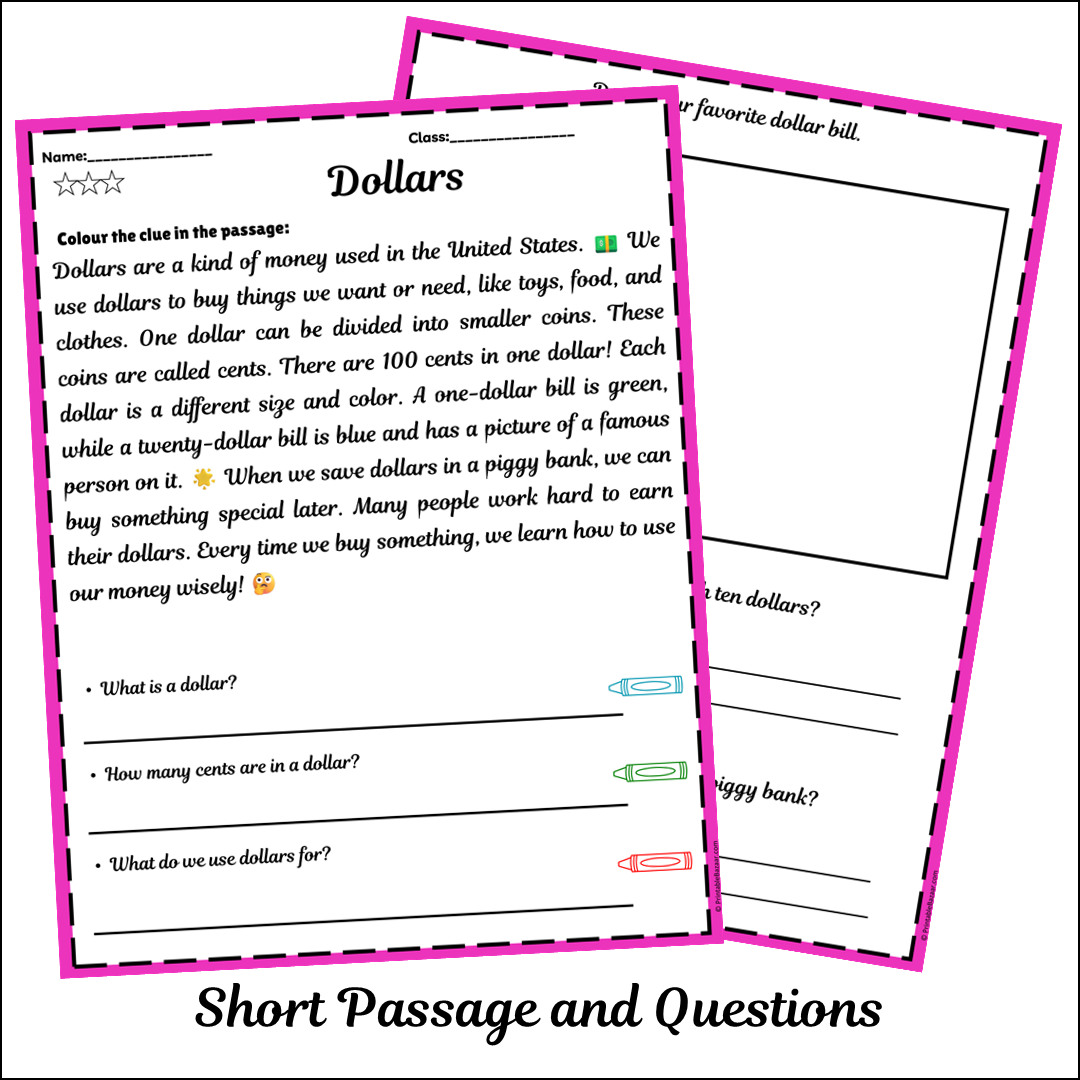 Dollars | Short Reading Comprehension Creative Worksheet
