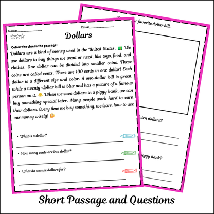 Dollars | Short Reading Comprehension Creative Worksheet