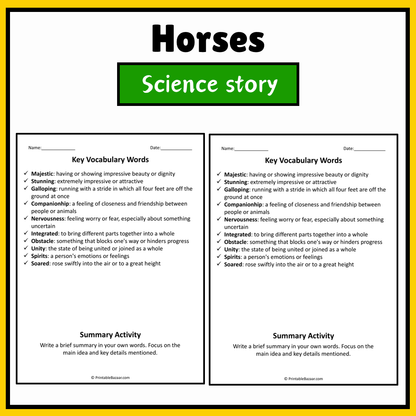 Horses | Science Story Reading Comprehension Activity