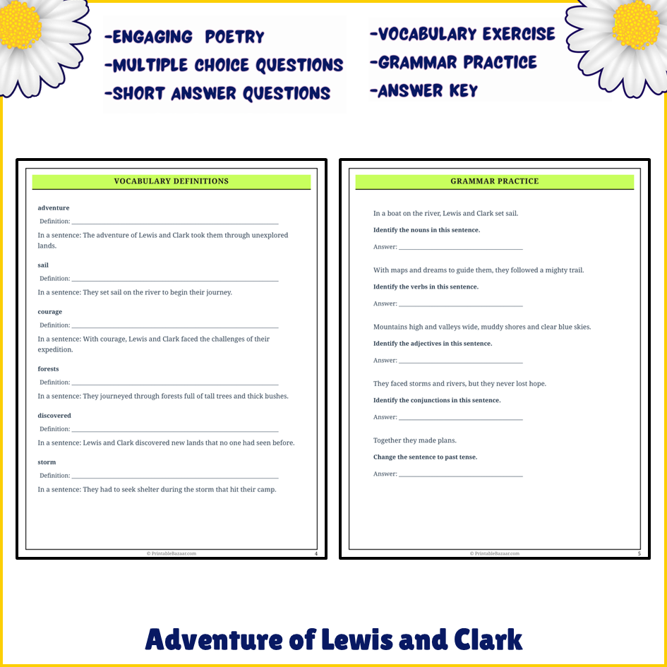 Adventure of Lewis and Clark | Poem Grammar Worksheet Printable Activity