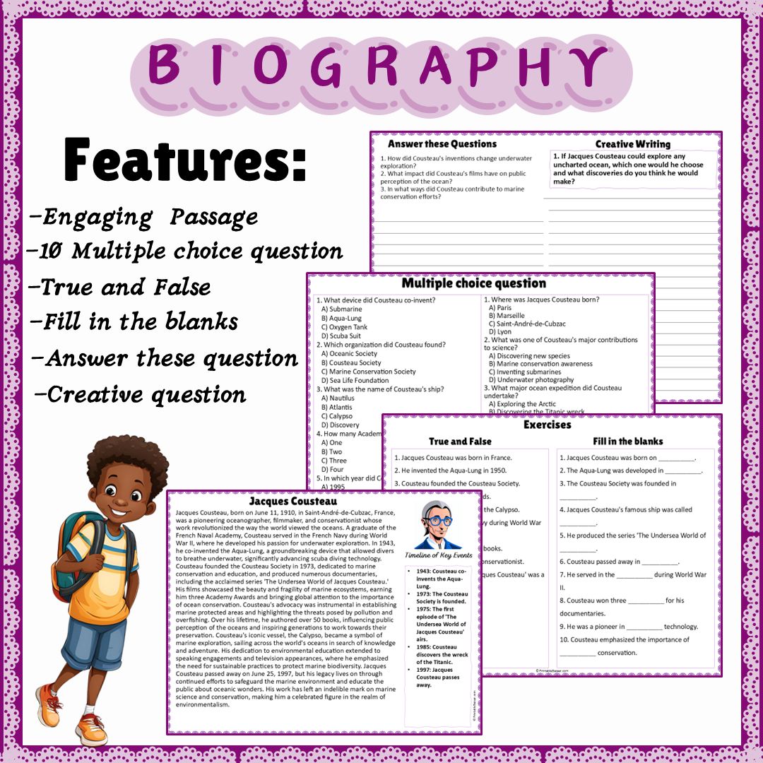 Jacques Cousteau | Biography Reading Comprehension and Questions Worksheet